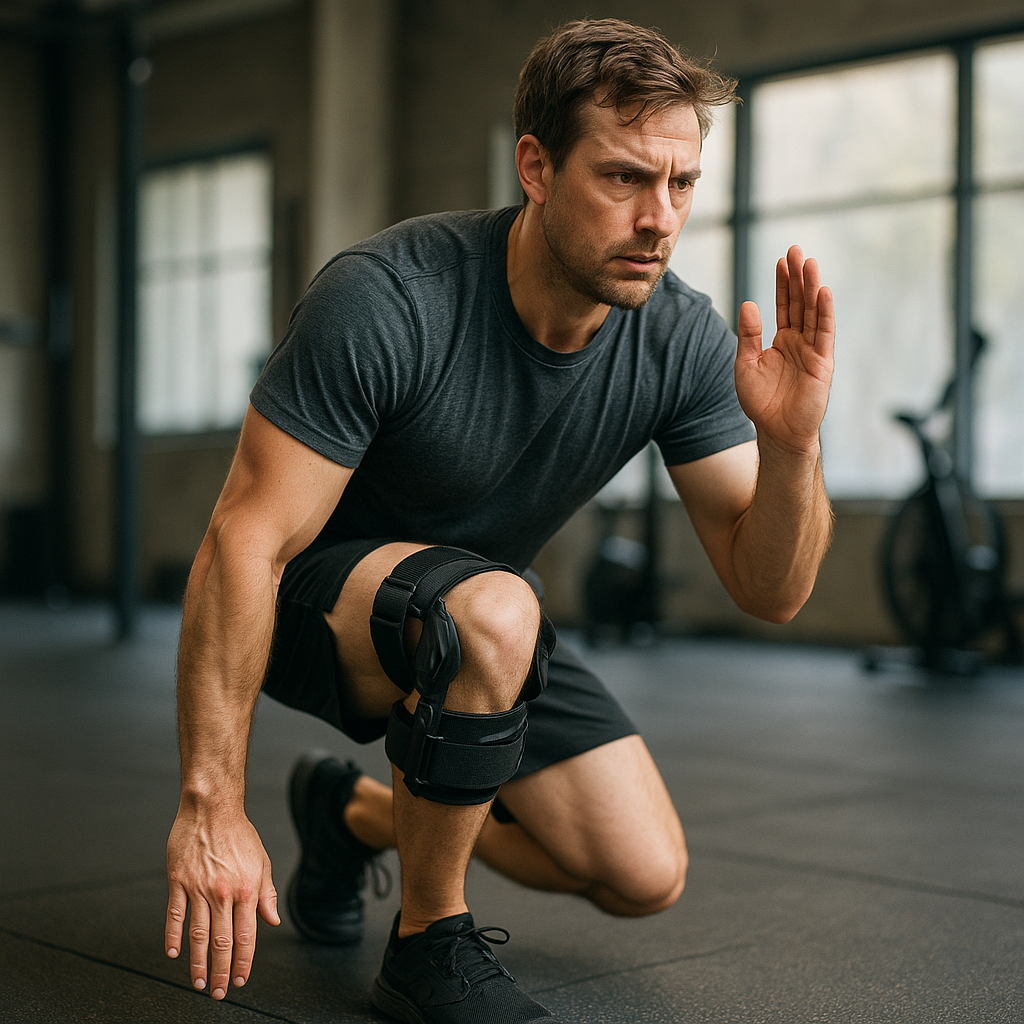 Person carefully performing modified HIIT exercises during rehabilitation from injury with determination on their face