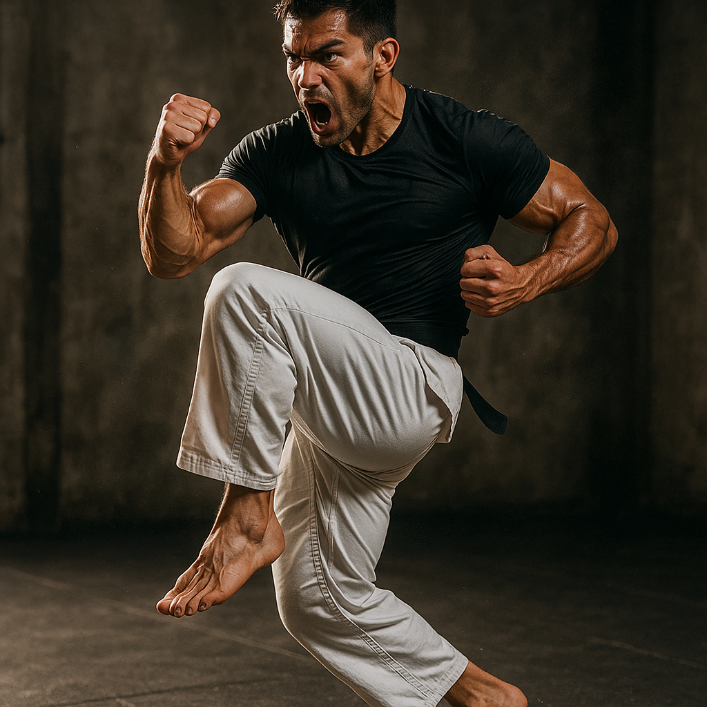 Martial artist performing explosive HIIT exercises with perfect form, demonstrating the power and conditioning benefits of interval training for combat sports